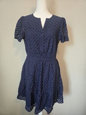 Navy Eyelet Short-Sleeve Smocked-Waist Mini Dress